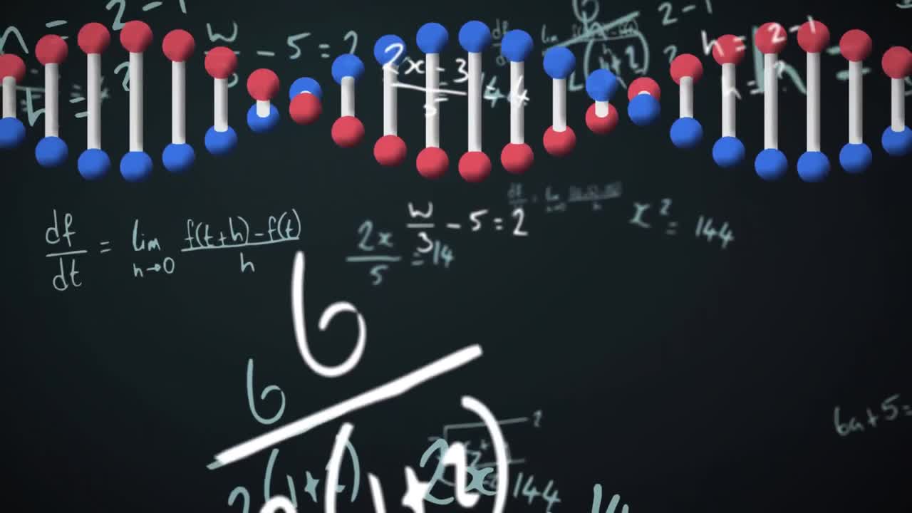 animación digital de la estructura del adn girando contra ecuaciones matemáticas en fondo verde