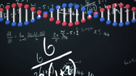 Animación-Digital-De-La-Estructura-Del-ADN-Girando-Contra-Ecuaciones-Matemáticas-Sobre-Fondo-Verde.