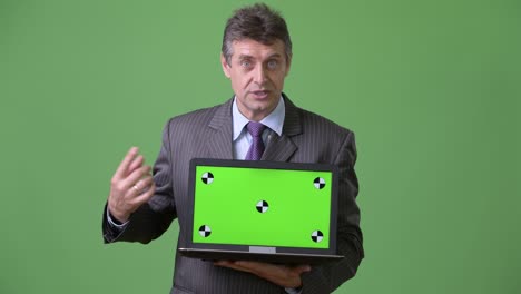 mature handsome businessman against green background