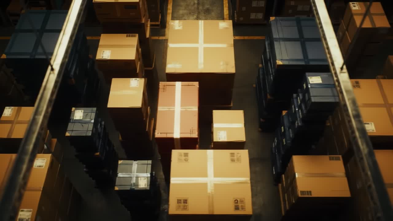 Workers are efficiently managing a bustling warehouse filled with neatly arranged boxes. The active environment highlights logistics in full swing, focusing on product distribution.