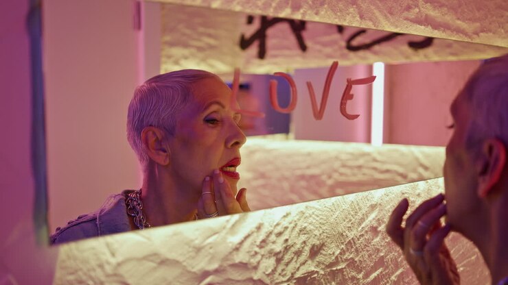 Primo piano: riflesso di una donna che si tocca viso e labbra in un bagno al neon. La parola "love" sullo specchio.