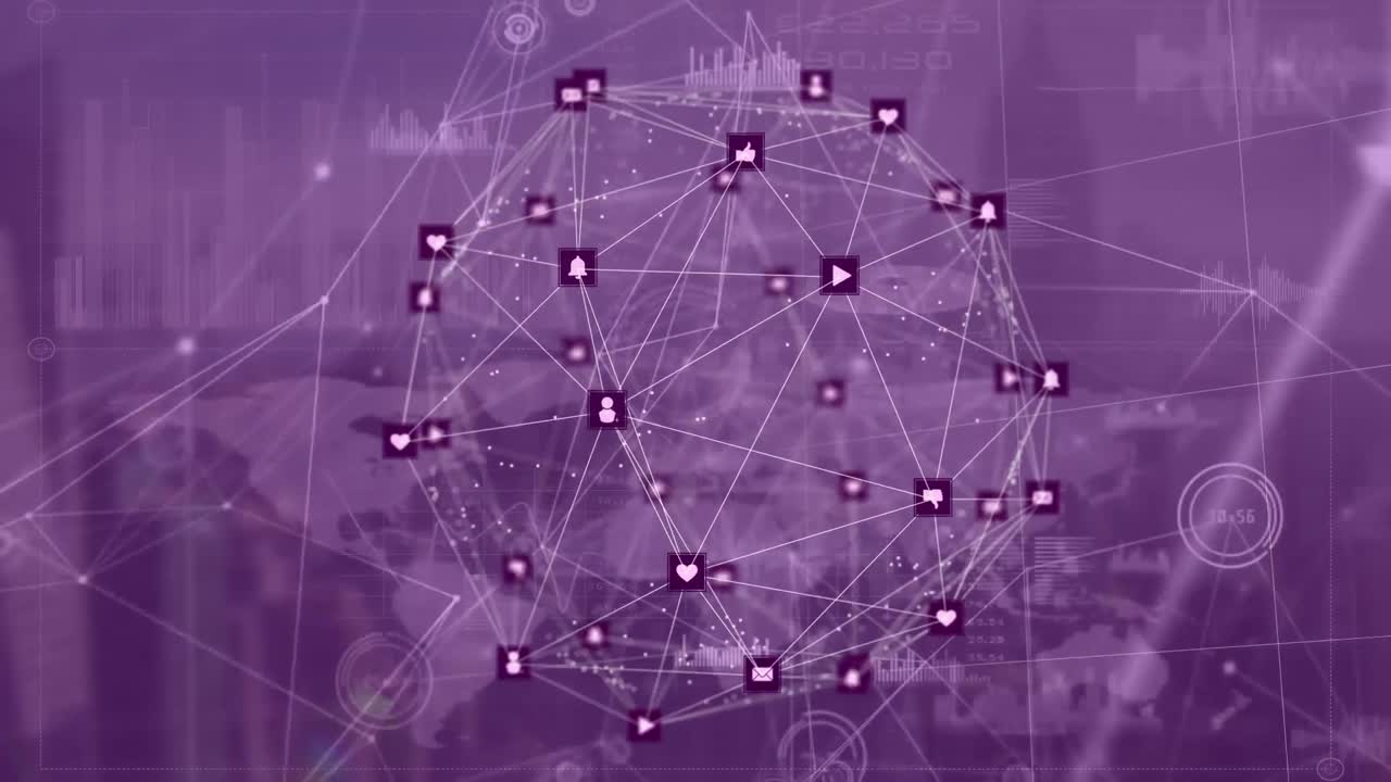 Animation of globe of network of connections with icons over world map on purple background
