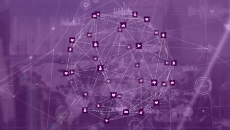 Animation-of-globe-of-network-of-connections-with-icons-over-world-map-on-purple-background