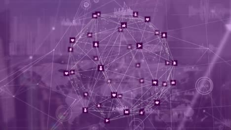 animación del globo de la red de conexiones con iconos sobre el mapa del mundo sobre fondo púrpura