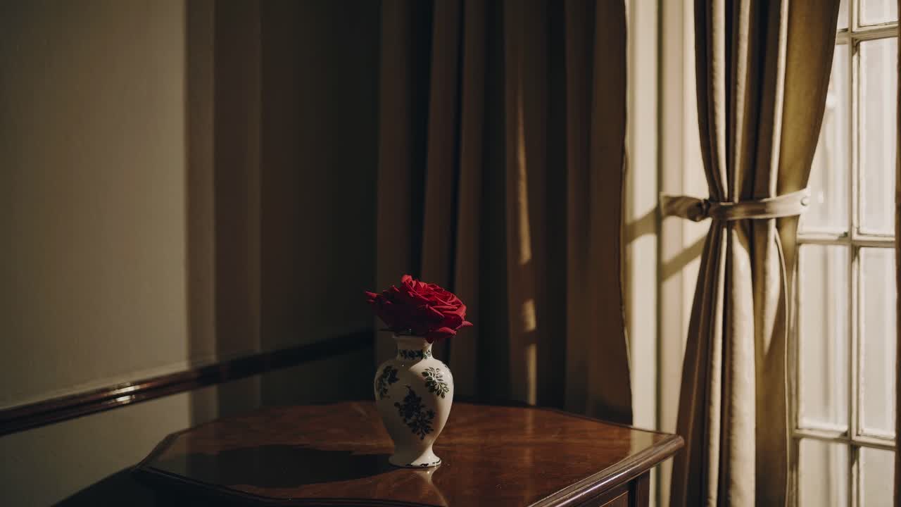 Red rose in a decorated vase sitting on a polished wooden table in a dimly lit room, sunlight filtering through partially drawn curtains, creating a cozy and sophisticated atmosphere