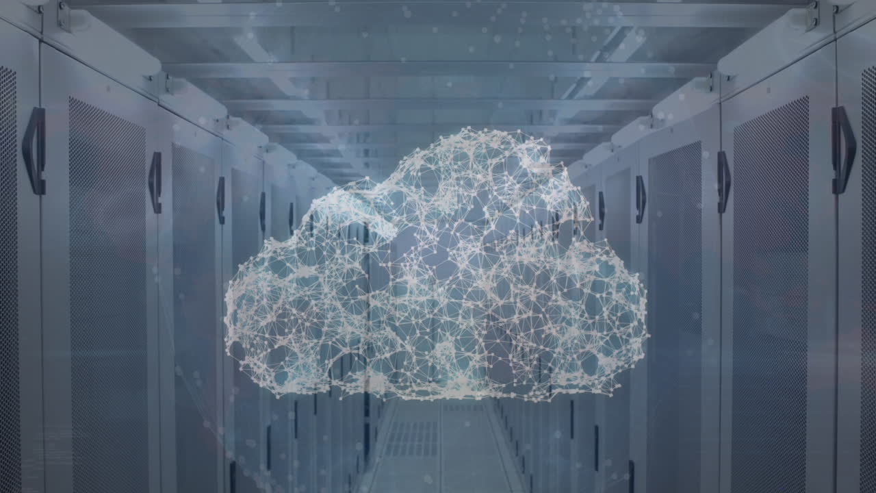 Animation of network of connections forming a cloud icon against computer server room