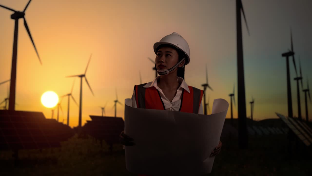 Asian Female Engineer In A Helmet Standing In Front Of Wind Turbines Rotating At Sunset, Looking At The Blueprint And Looking Around