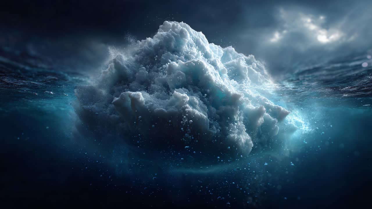 Majestic Iceberg Rising from the Depths: A Stunning Display of Nature's Power Beneath Dark Stormy Skies with Vibrant Ocean Reflections