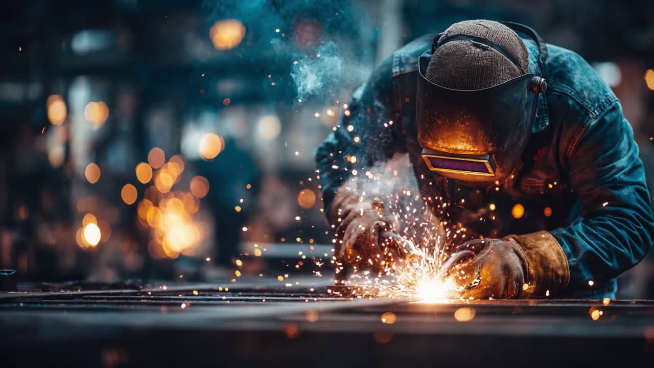 A skilled welder focuses intently on their craft, sparks flying and smoke rising as they create a strong bond between metal pieces in a dynamic industrial environment