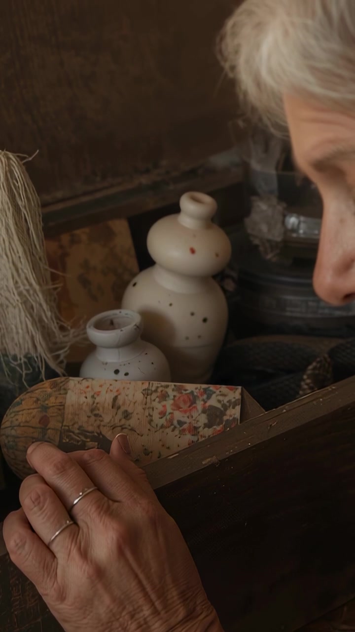 Vertical video: Opening trunk, senior leaning on rim, inspecting pots and yarn at home, copy space