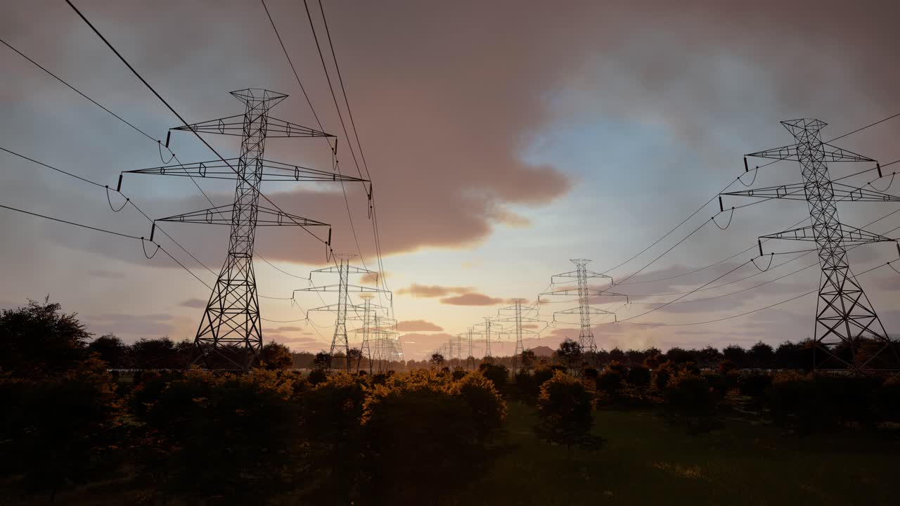 Power Lines at Sunset Over a Field and Forest