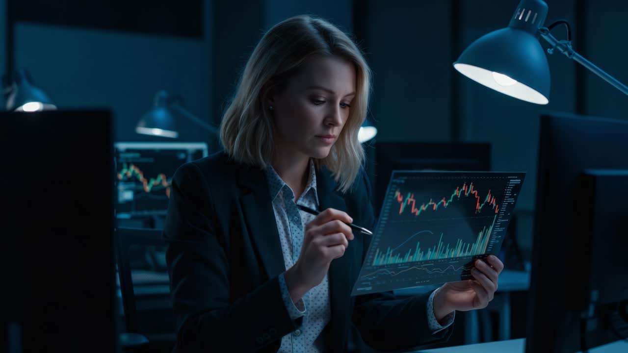 A Focused Professional Analyzes Market Trends Using Advanced Data Visualization Tools in a Dimly Lit Office Environment