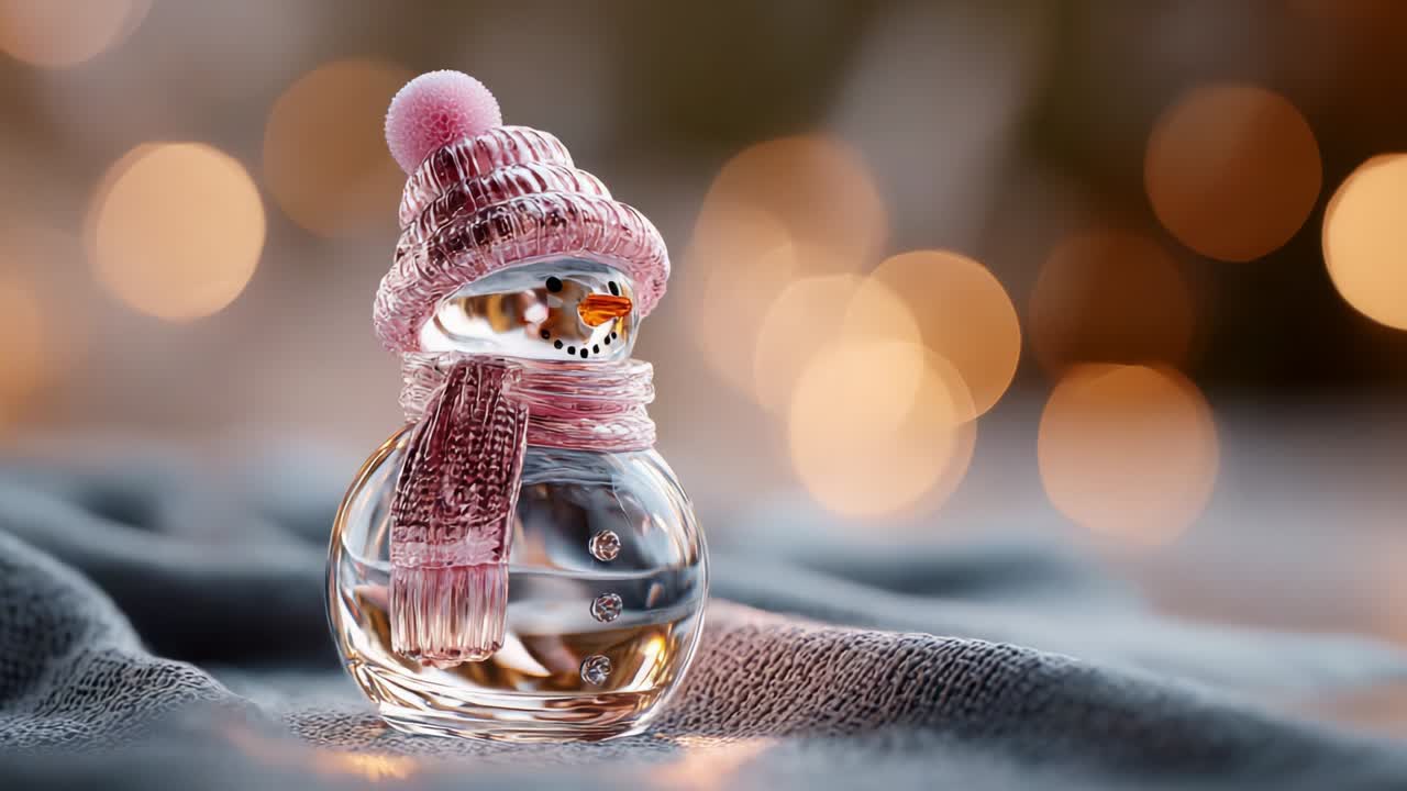 A Charming Snowman Figurine Captured in a Beautifully Lit Scene, Featuring a Shimmering Glass Design with a Cozy Pink Scarf and Hat, Perfectly Evoking the Warmth and Whimsy of Winter Celebrations