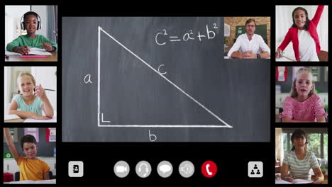 animation of interface screen with chalkboard, teacher and six diverse children in online lesson