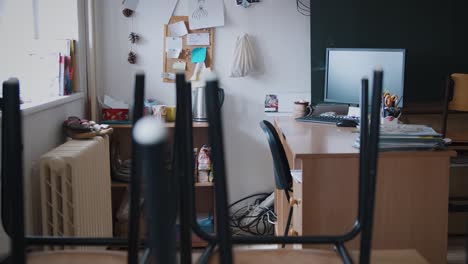 empty, abandoned classroom with computer for distance learning during covid quarantine