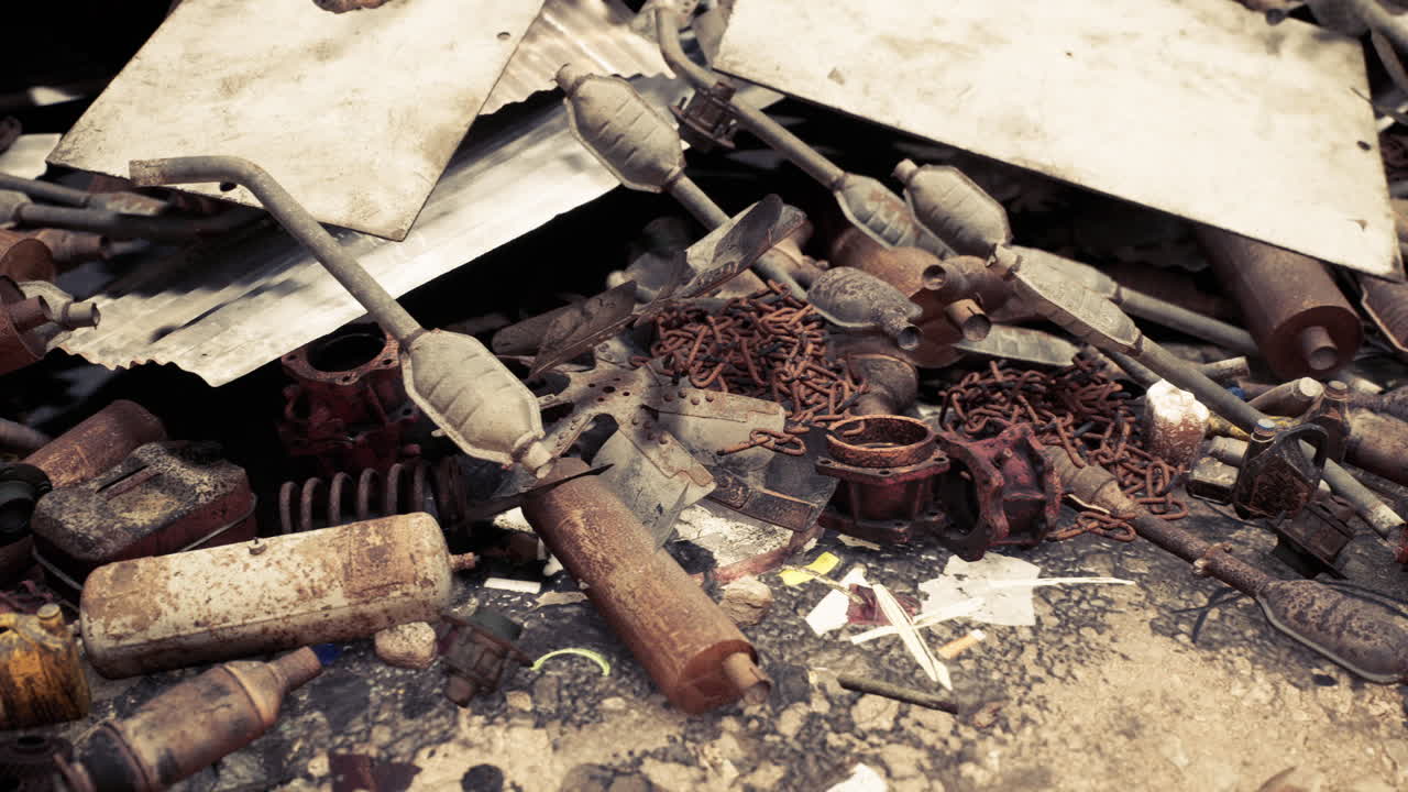 땅 위에 어져 있는 버려진 산업 재료의 컬렉션