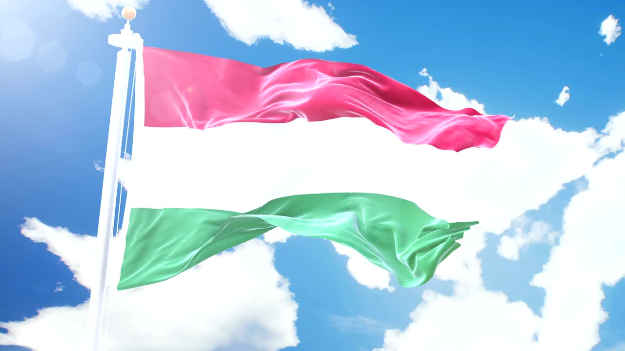 Realistic flag of Hungary waving against time-lapse clouds background. Seamless loop in 4K resolution with detailed fabric texture.