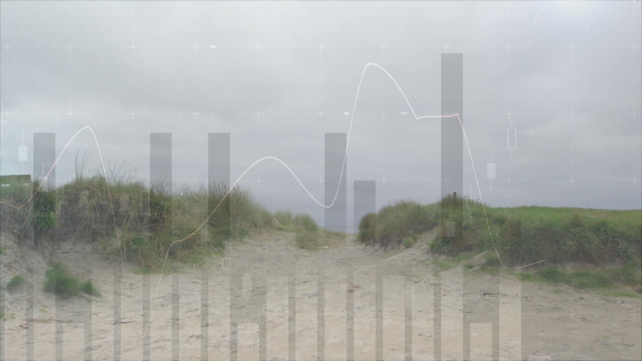 Sand dunes and grass with financial graph animation overlaying scene