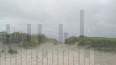 sand dunes and grass with financial graph animation overlaying scene