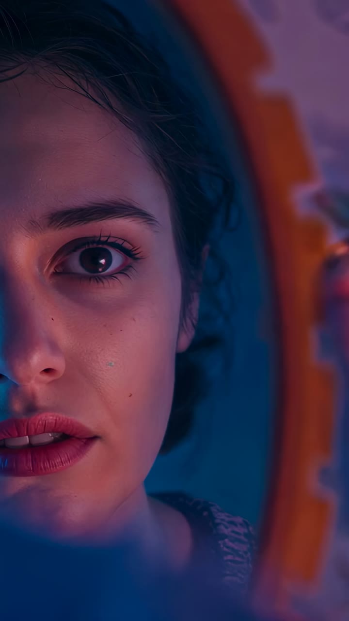Vertical video: Reacting woman speaking during close-up in studio, patterned collar, orange rim