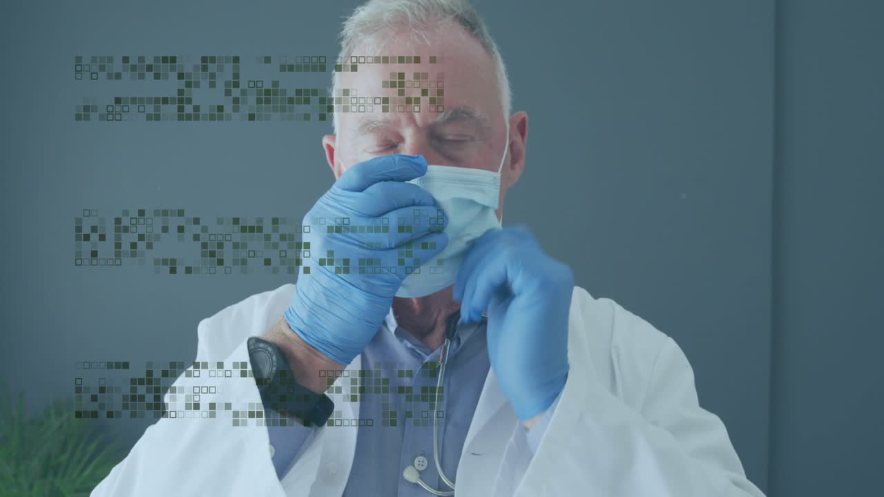 Animation of shapes over caucasian male doctor with face mask