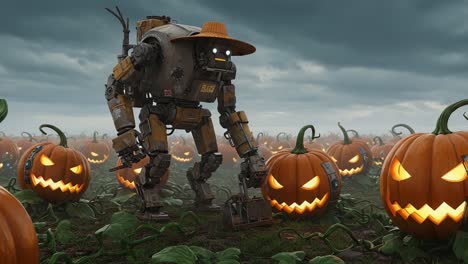 a mechanical scarecrow tending to a haunted pumpkin patch under a dramatic sky, eliciting a spooky halloween vibe with glowing jack-o'-lanterns
