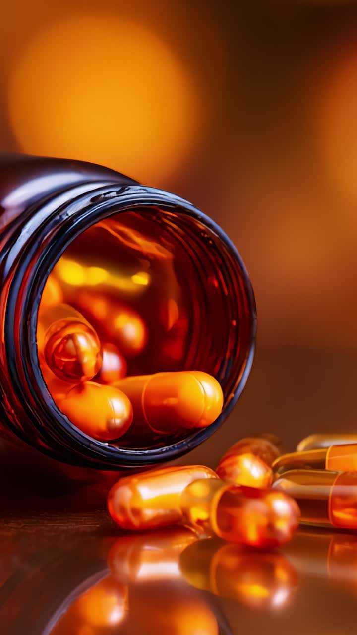 Close-up of vibrant orange capsules spilling out of a brown glass bottle, illuminated by warm lighting, showcasing the intricate texture and sheen of each pill