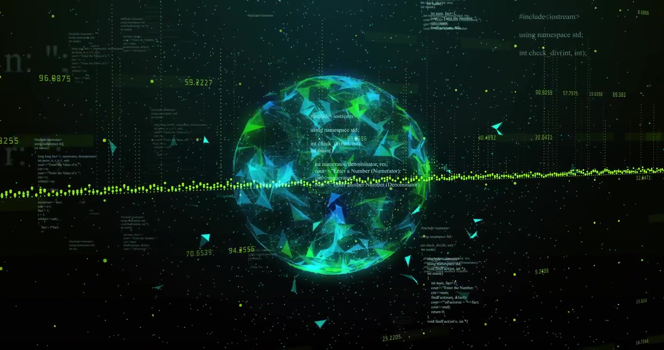 Pulsing waveform, causing sphere glowing, facets moving, shards flying and code scrolling for data