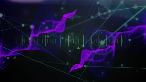 DNA strands and data processing animation over dark abstract background