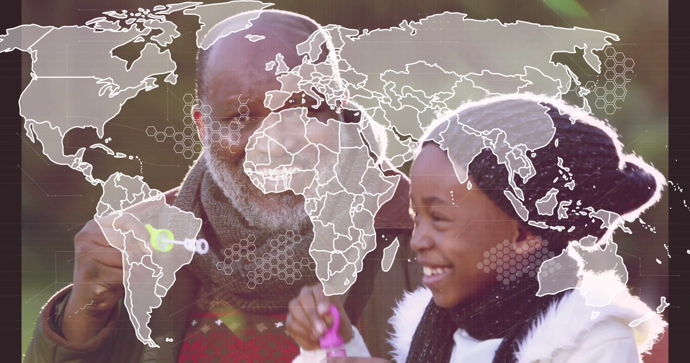 Grandpa and girl lifting wands to mouths, blowing bubbles, bonding, tech map hex overlay fading in