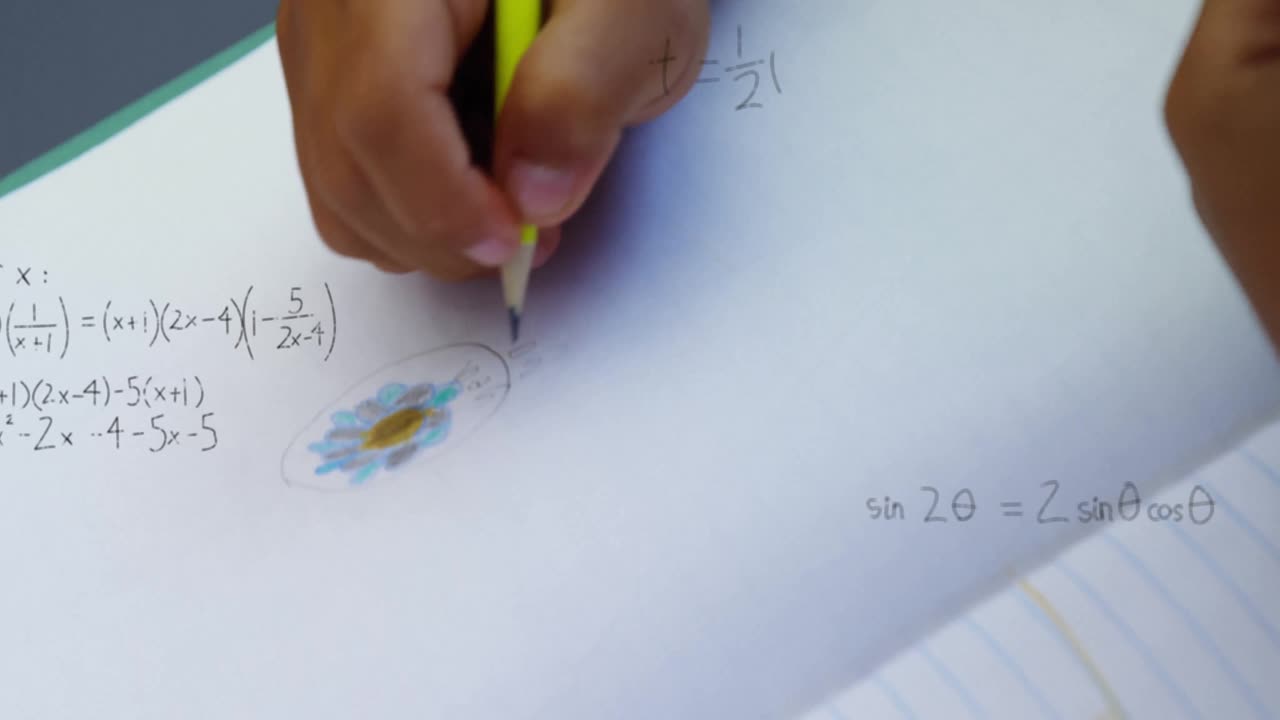 Flat design pencil sketching algebra equations on paper while colorful doodle adding playful touch