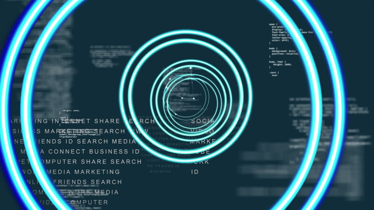 Tunnel of glowing circles over data processing on dark background