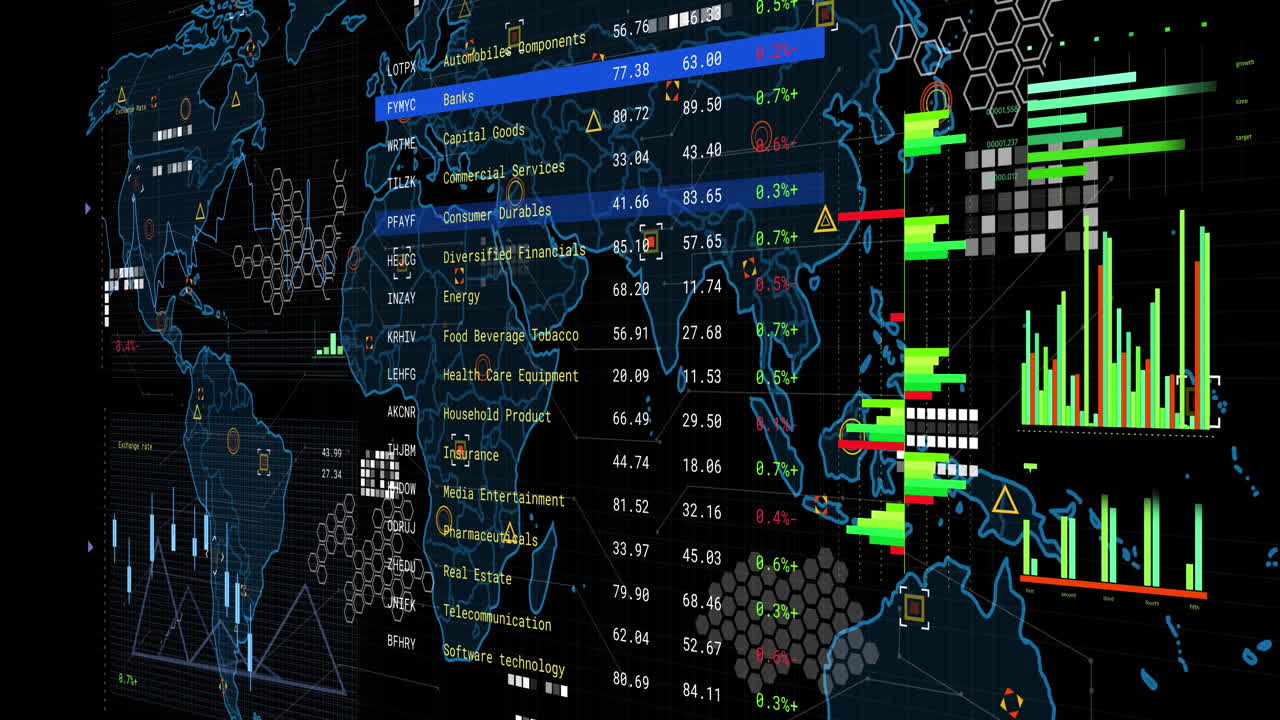 Animation of financial data processing over screen and world map