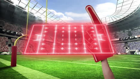 foam finger and glowing scoreboard animation over football field in stadium