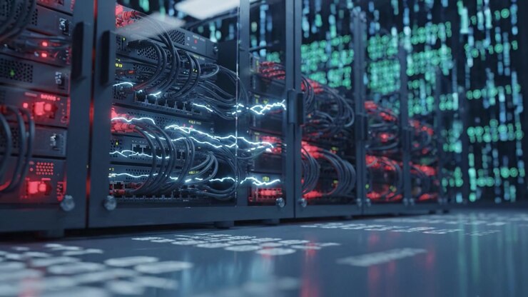 High-Tech Server Rack with Illuminated Connections and Data Streams, Depicting a Modern Computer Network in a Digital Environment