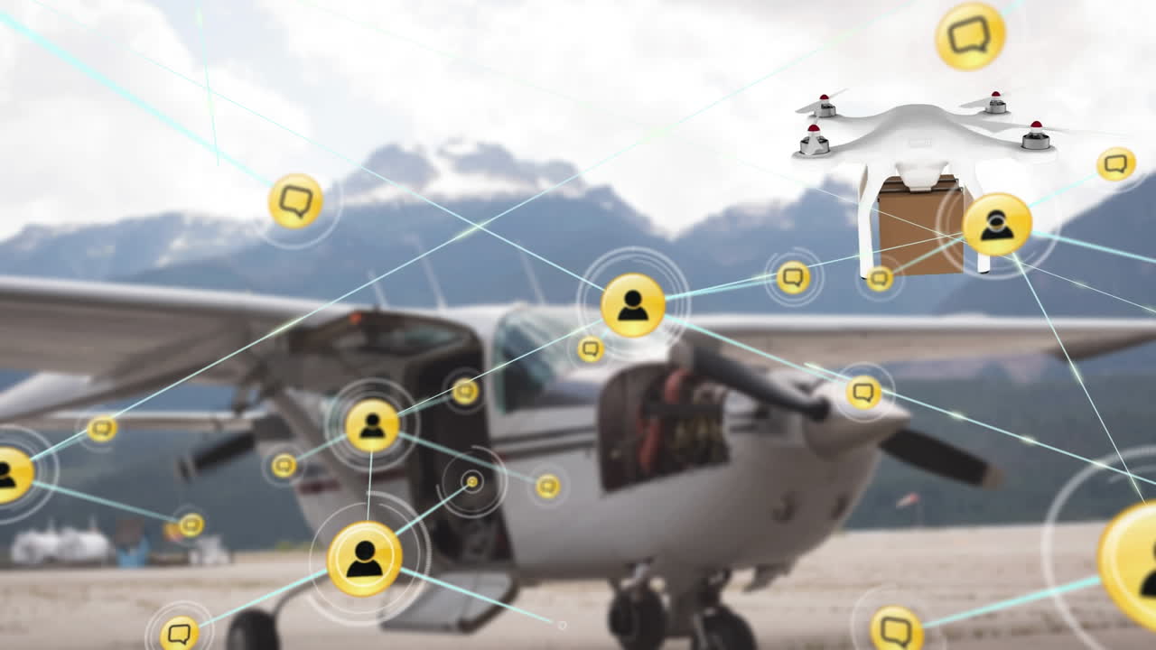 animación de la red de conexiones con iconos sobre el drone de entrega con paquete