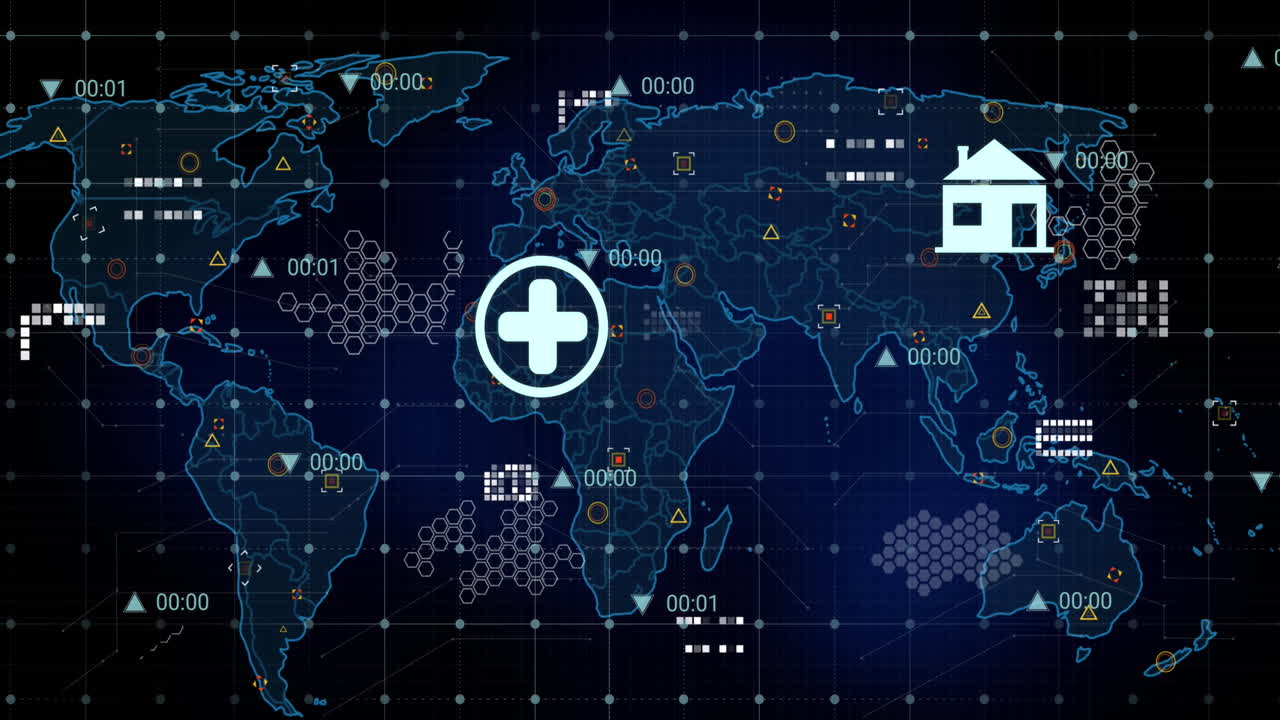 파란색 배경의 세계 지도에 대한 그리드 네트워크를 통해 디지털 아이콘의 애니메이션