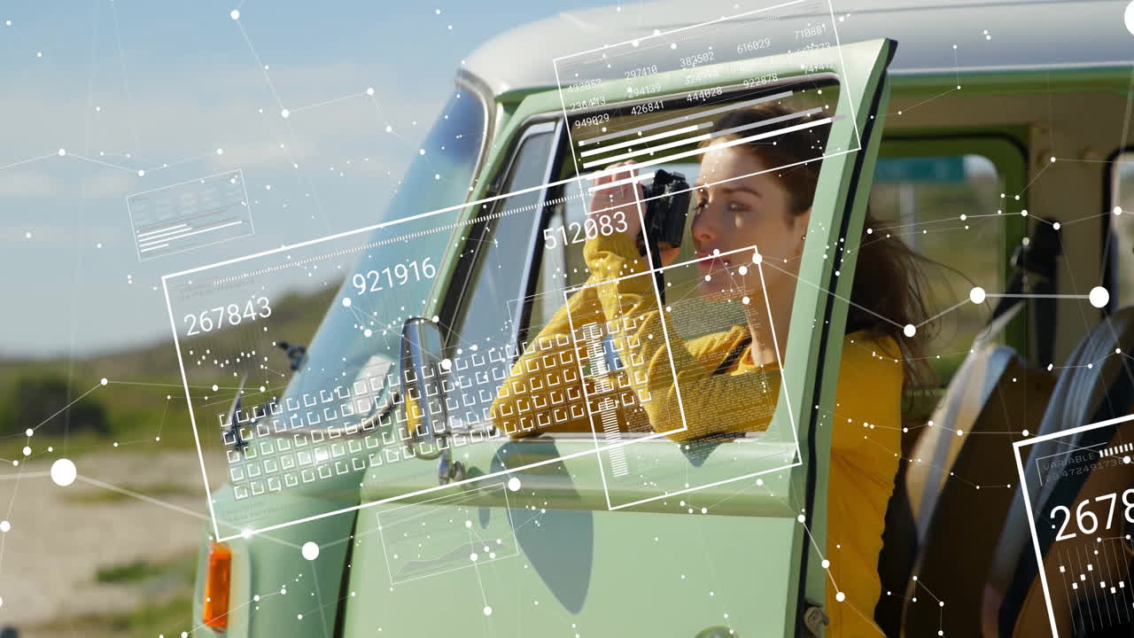 Photographing from van window, woman in yellow sweater with animation overlay