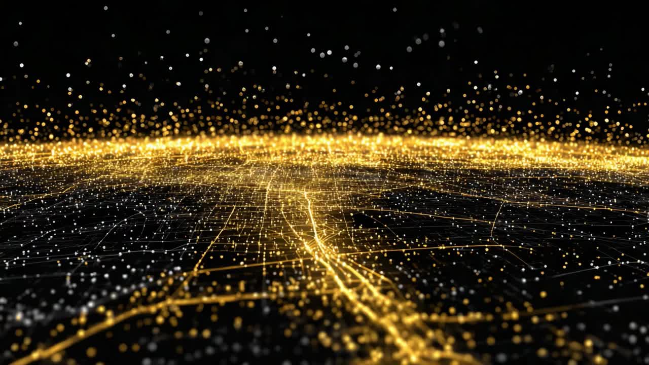 A Stunning Visualization of a Dynamic Network of Bright Golden Points Illuminating a Vast Dark Space, Representing Connectivity and Data Flow in a Digital Universe