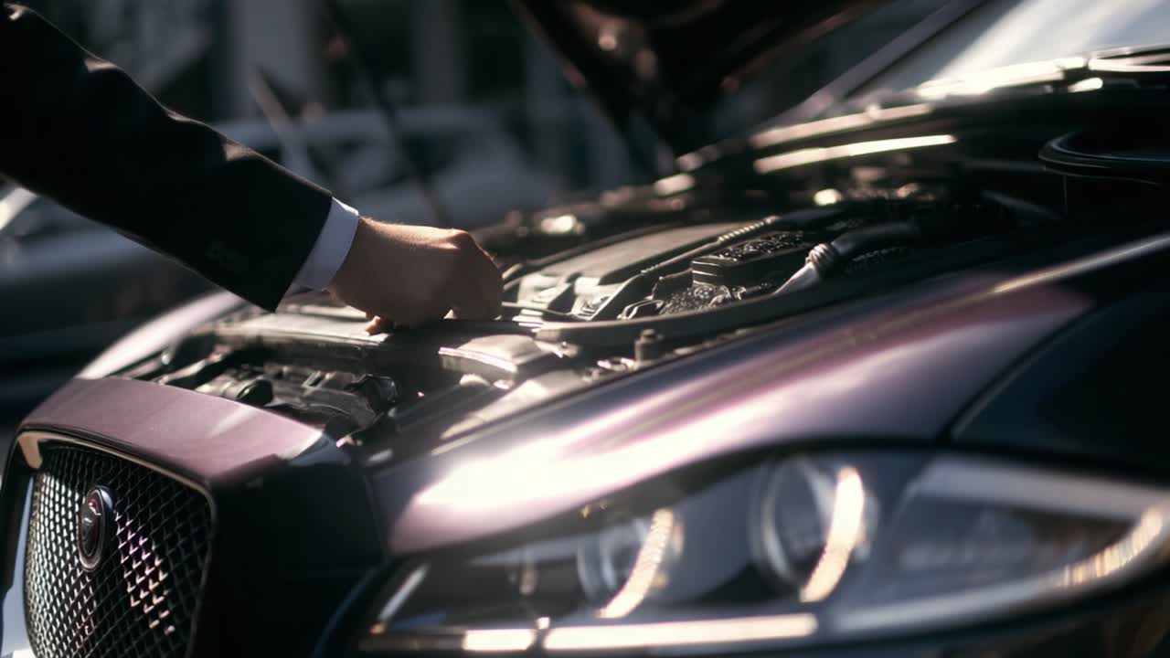 Auton moottorin tarkastuksen lähikuva, jossa esitellään konepellin alla olevia monimutkaisia mekanismeja ja yksityiskohtia dynaamisessa autoteollisuuden kontekstissa