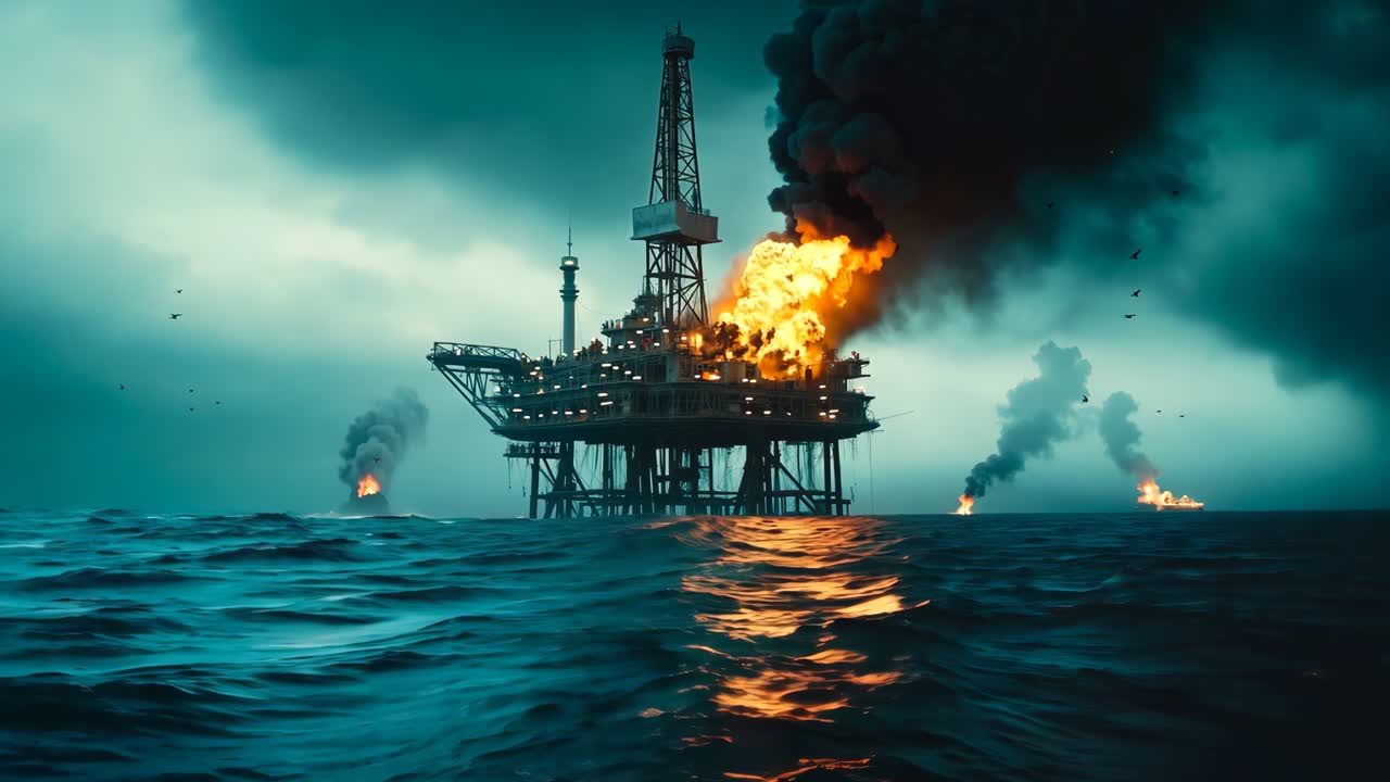 En olieplatform midt ude på havet med røg, der vælter ud af den