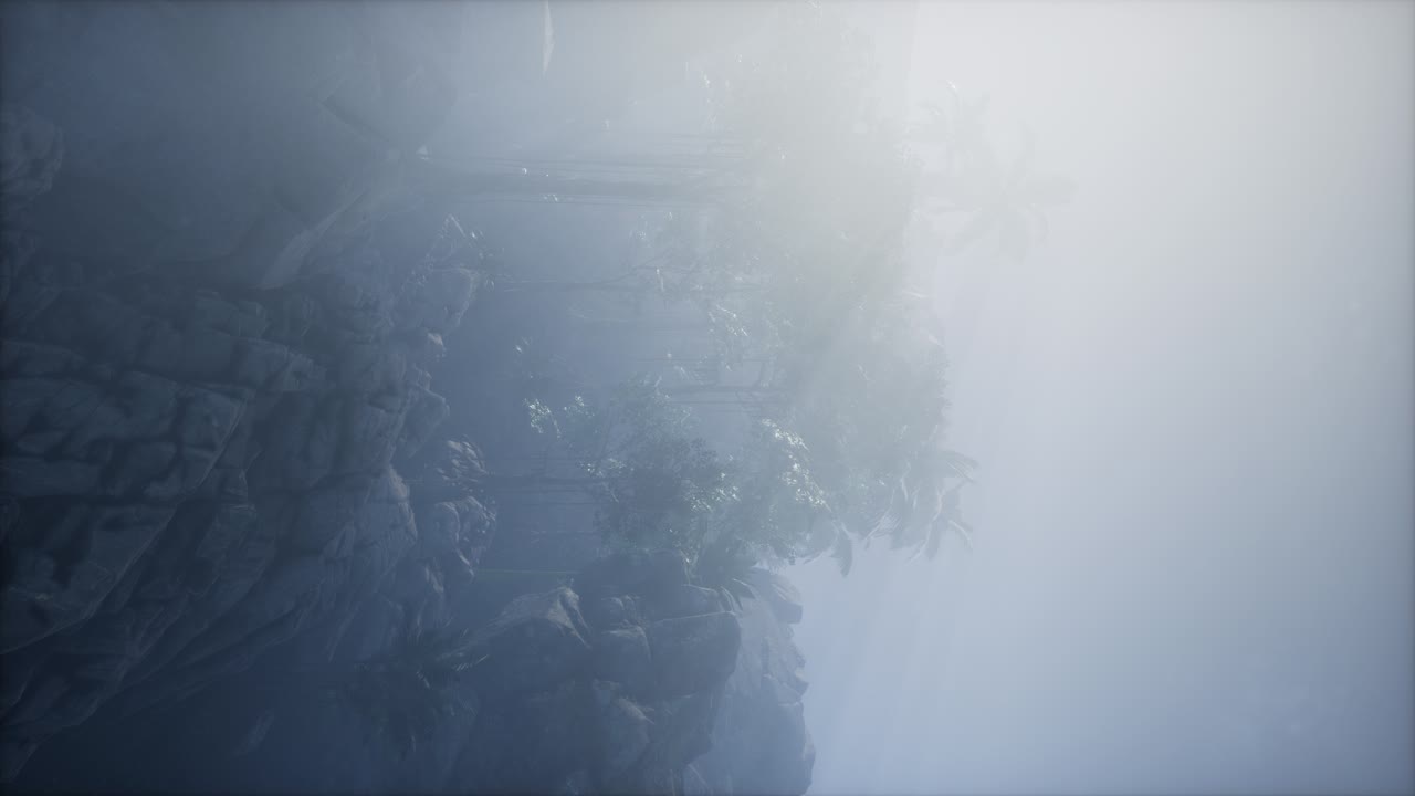 palmeras y montañas en la niebla