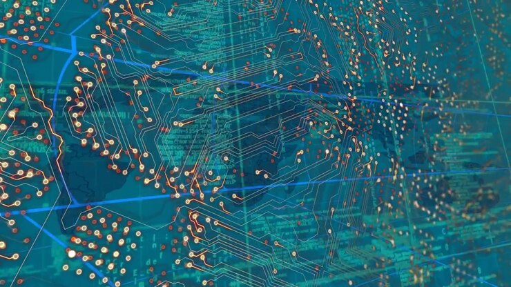 Animazione di elaborazione di dati e mappa del mondo su sfondo blu