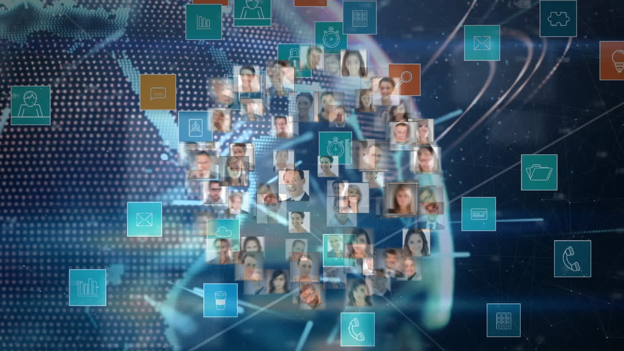 animación de fotos de diversos hombres y mujeres empresarios que rotan por el globo y iconos