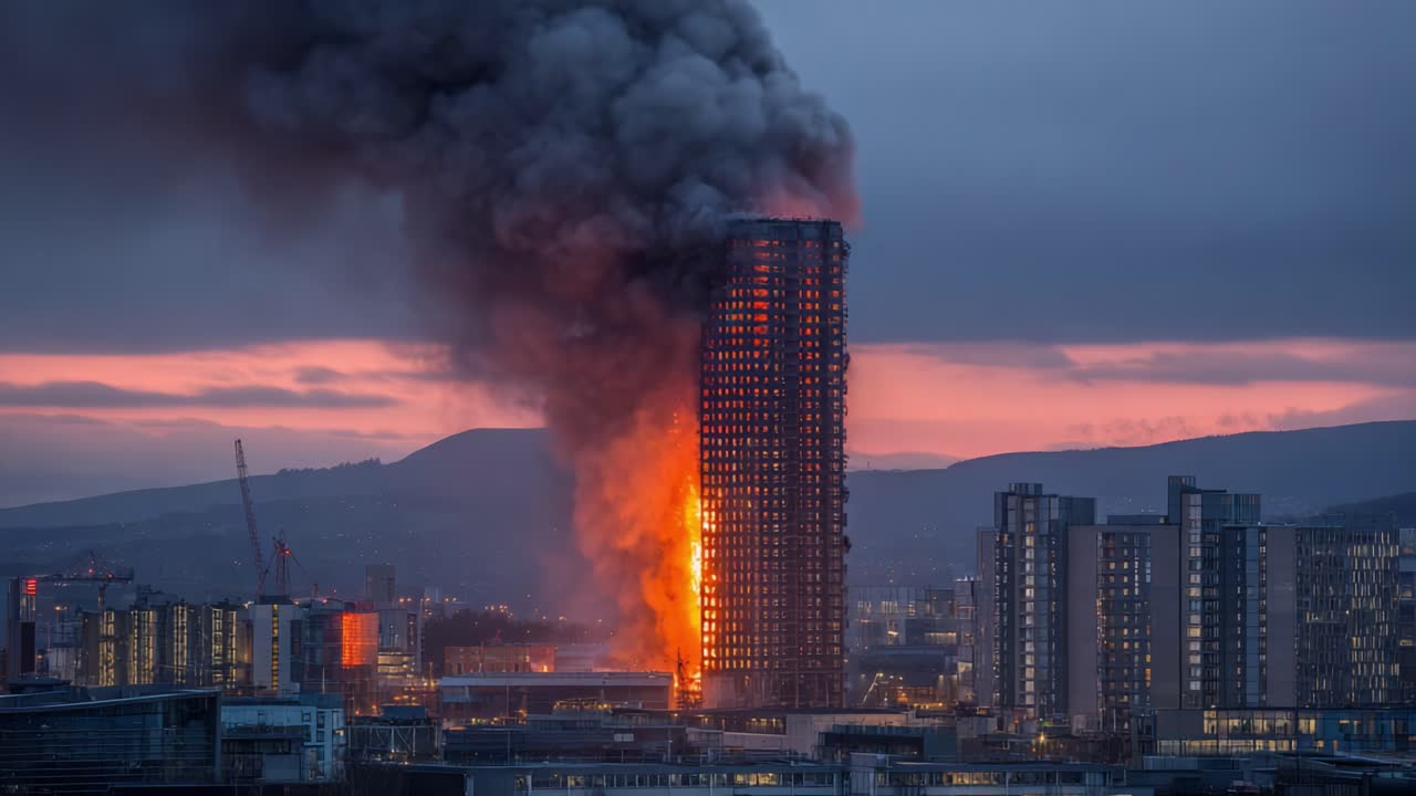 Un drammatico incendio avvolge un grattacielo, con pennacchi di fumo che si innalzano nel cielo crepuscolare, creando un'intensa scena di distruzione urbana e intervento di emergenza
