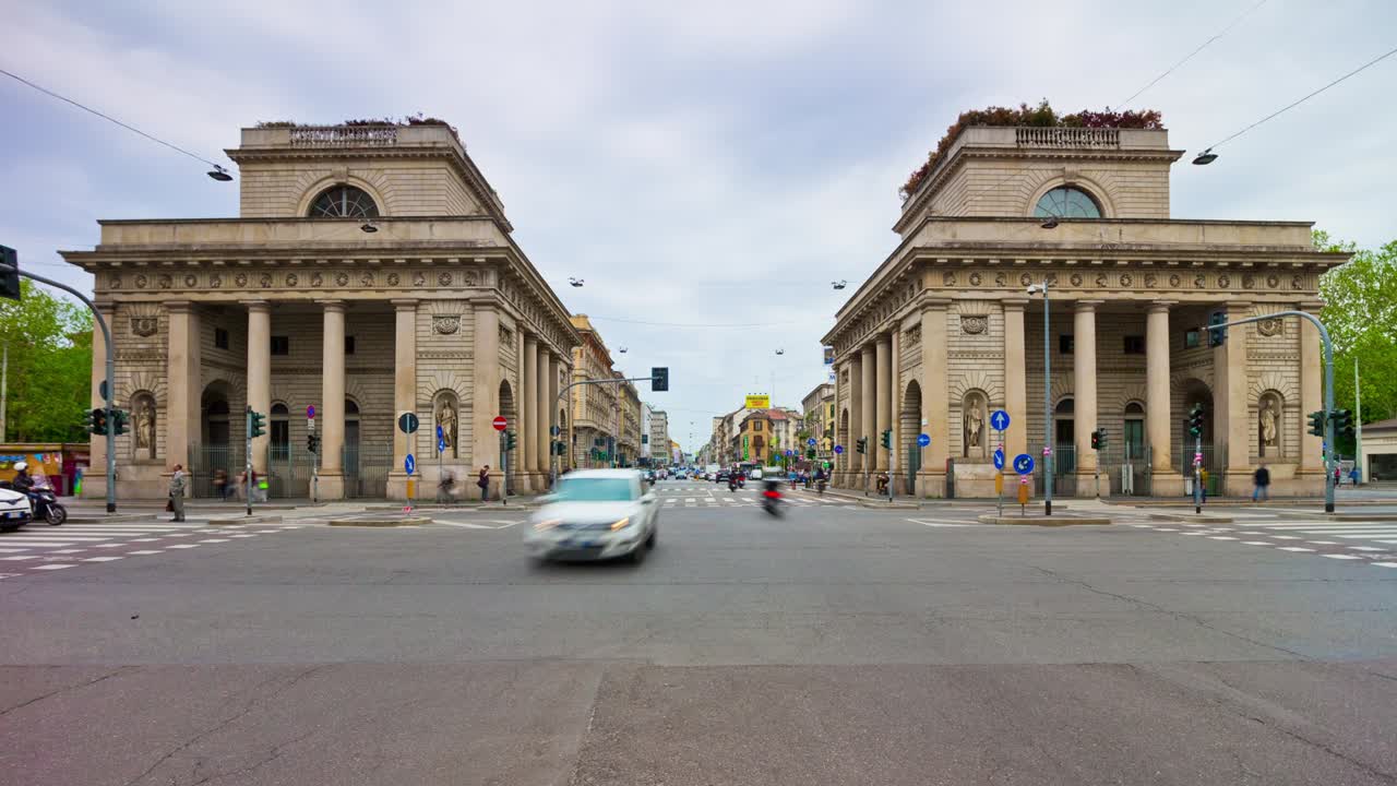 이탈리아 밀라노 시, 은 날, 교통, 거리, 교차로, 파노라마, 4k 타임스