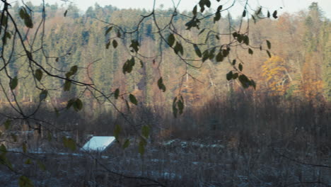 cabin, at a lake, shoot from behind branches, pan shot, on a sunny winter day, at hackensee, in bavaria near holzkirchen