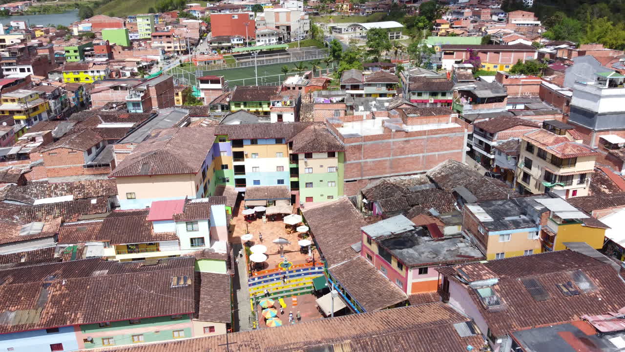 Drone shot of the roof tops in the colorful town of Guatapé in Antioquia, Colombia.