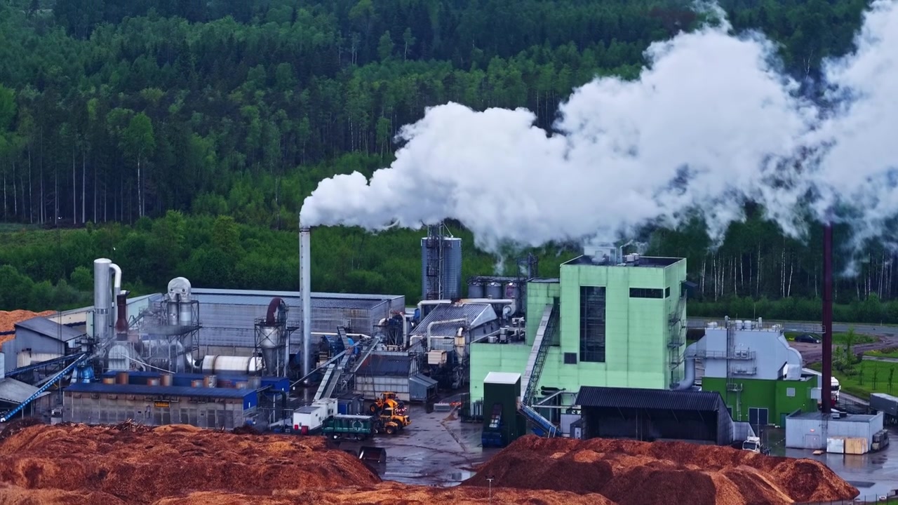 Ripresa aerea di una grande segheria industriale che lavora il legno con vapore che sale dalle ciminiere, adatta per contenuti sulla sostenibilità e l'industria del legname.
