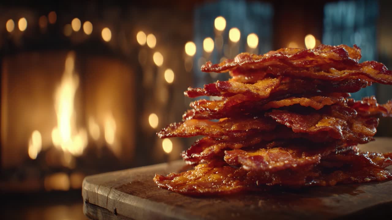 Deliciously Crispy Bacon Stacked High in a Cozy Setting with a Soft Focus Background Emphasizing the Warmth of the Fire and the Irresistible Texture of the Bacon